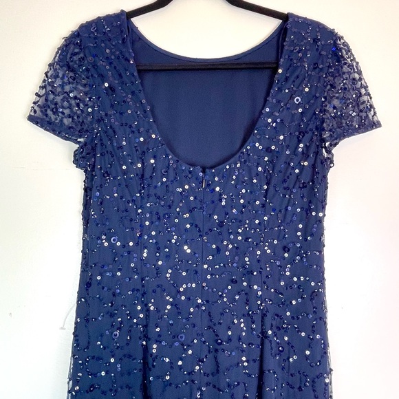 ADRIANNA PAPELL Womens Sequined Long Evening Dress Navy Size 12 | Short Sleeve - Picture 5 of 8